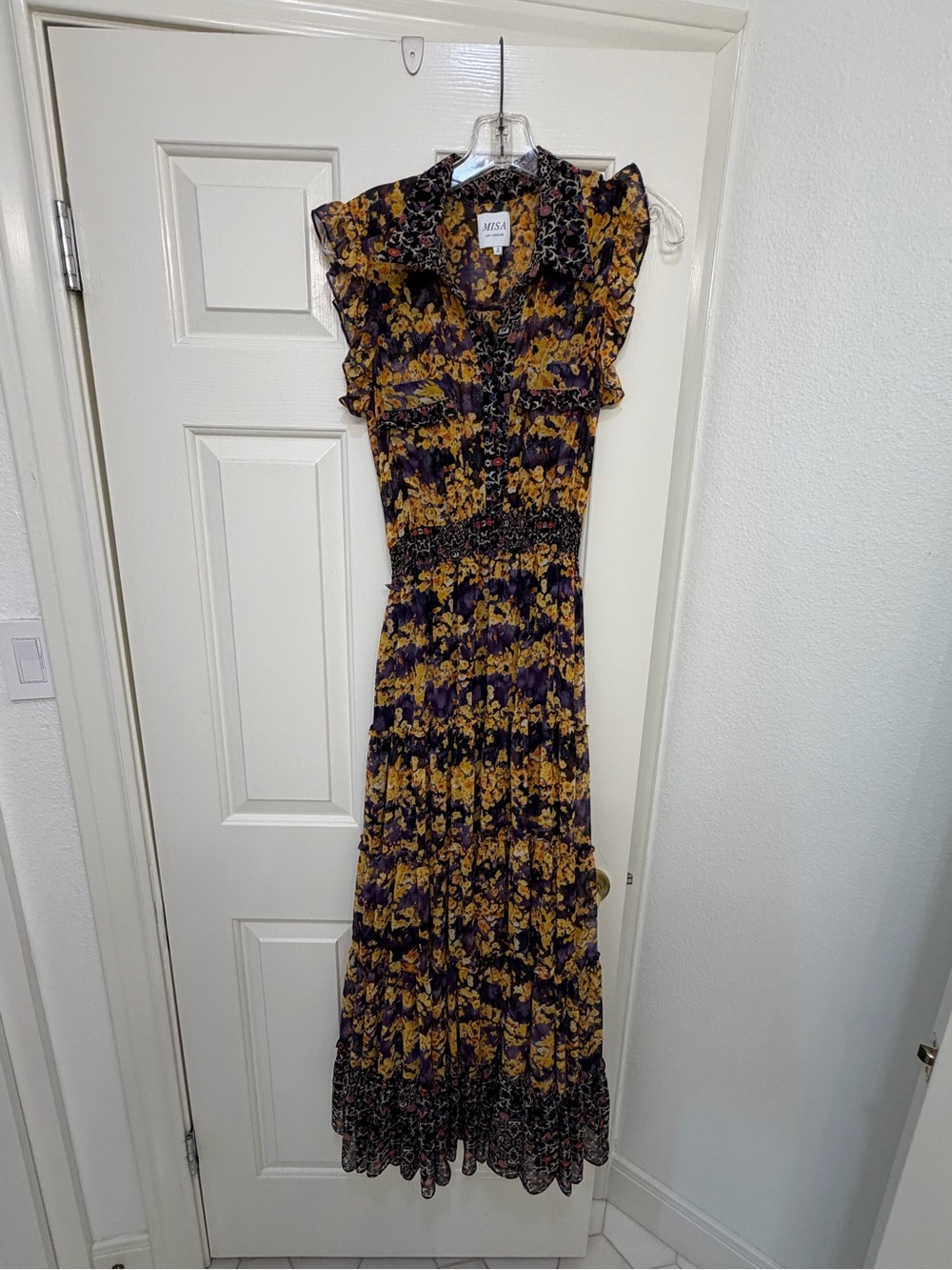 Misa Los Angeles Purple and Yellow Floral Ruffle Maxi Dress
